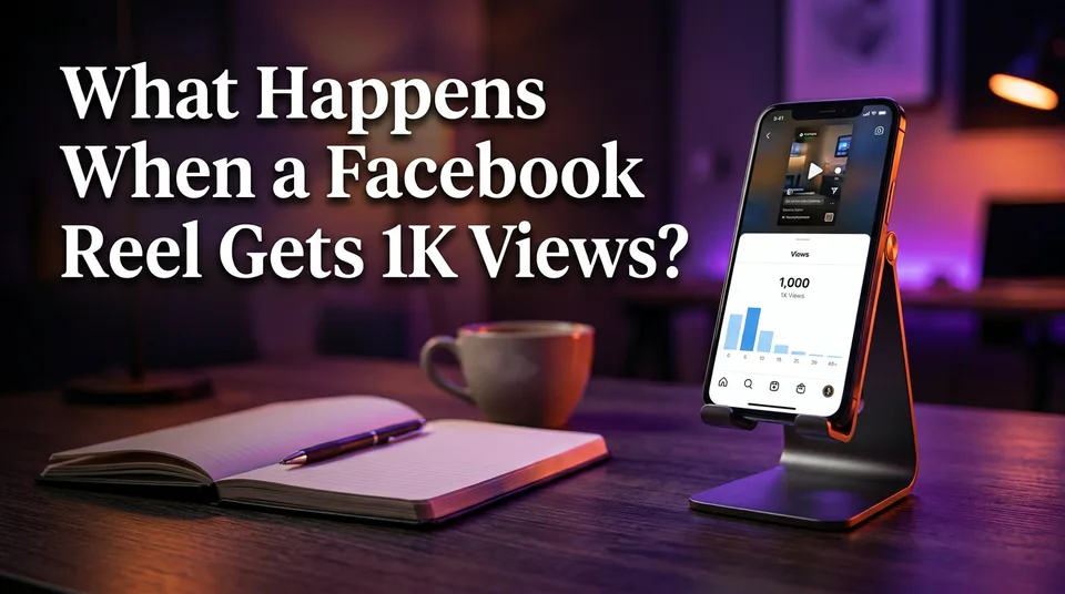 Phone showing Facebook Reels analytics after reaching 1K views on a creator's desk