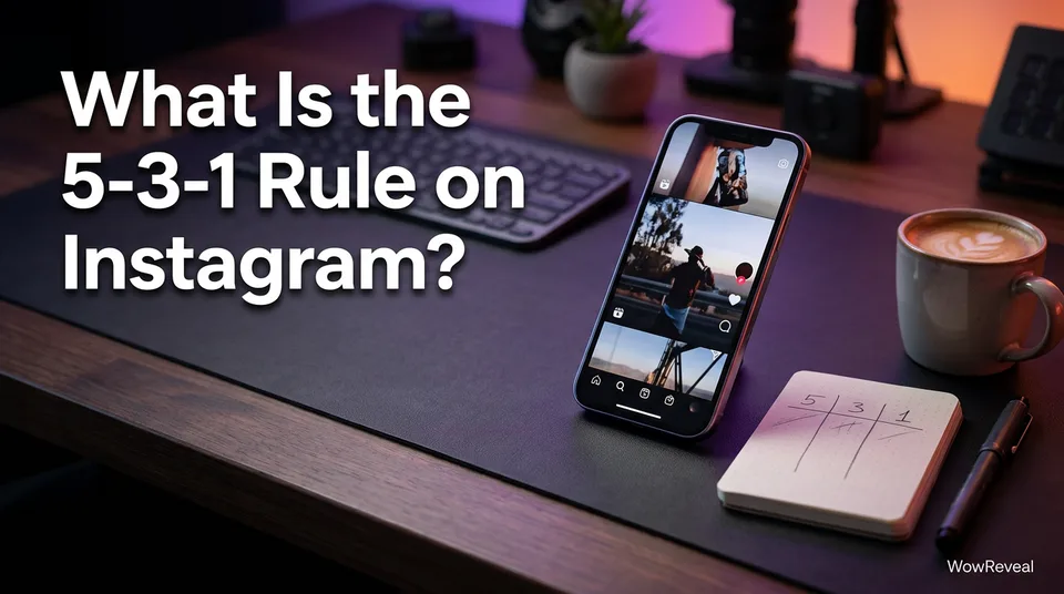 Phone with a daily tally notebook illustrating the 5-3-1 rule on Instagram