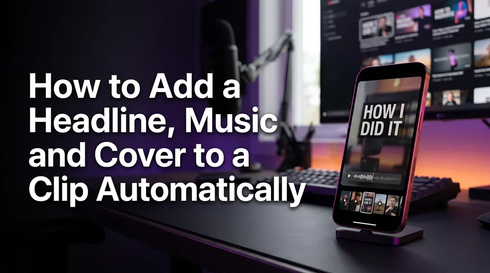Phone showing a 9:16 clip with headline, music waveform and cover thumbnails