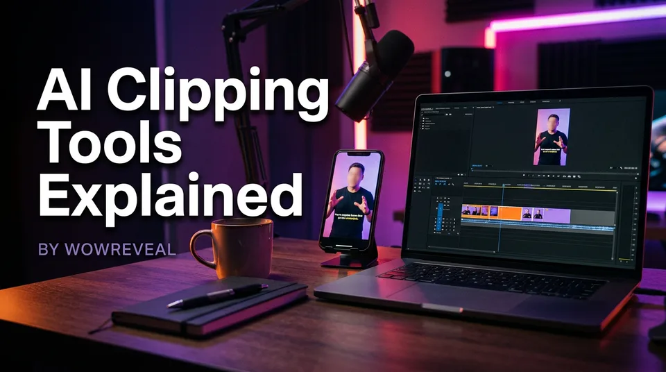 Laptop timeline with highlighted segments and a phone showing a vertical clip from AI clipping tools