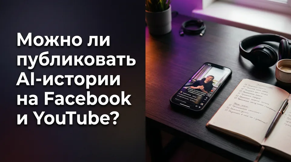 Телефон с вертикальным видео с AI-историей рядом с чек-листом перед публикацией