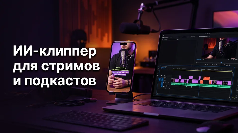 Телефон с вертикальным клипом и субтитрами, нарезанным ИИ-клиппером из стрима