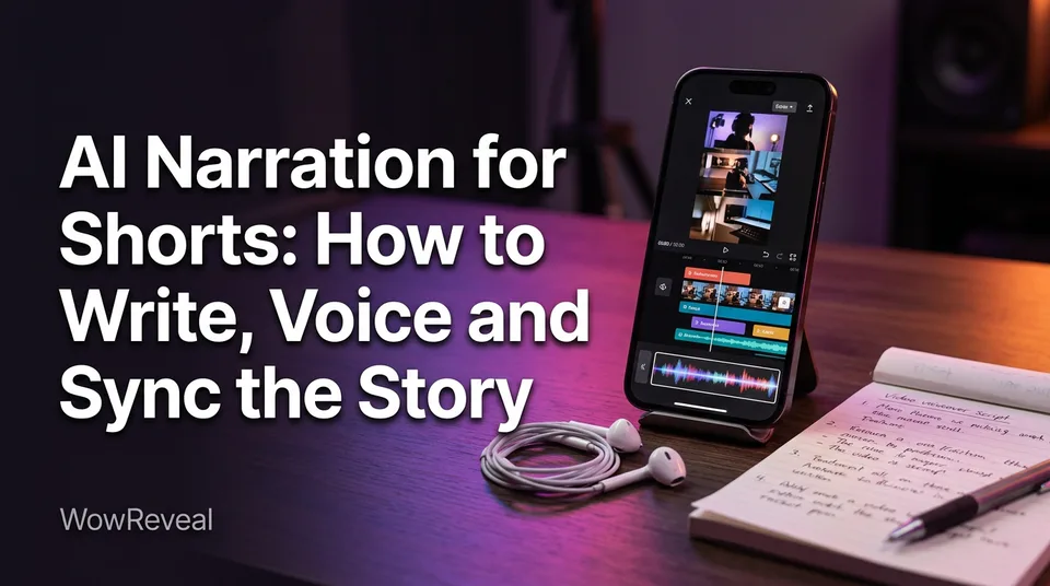 Phone showing a vertical video timeline with AI narration waveform for shorts