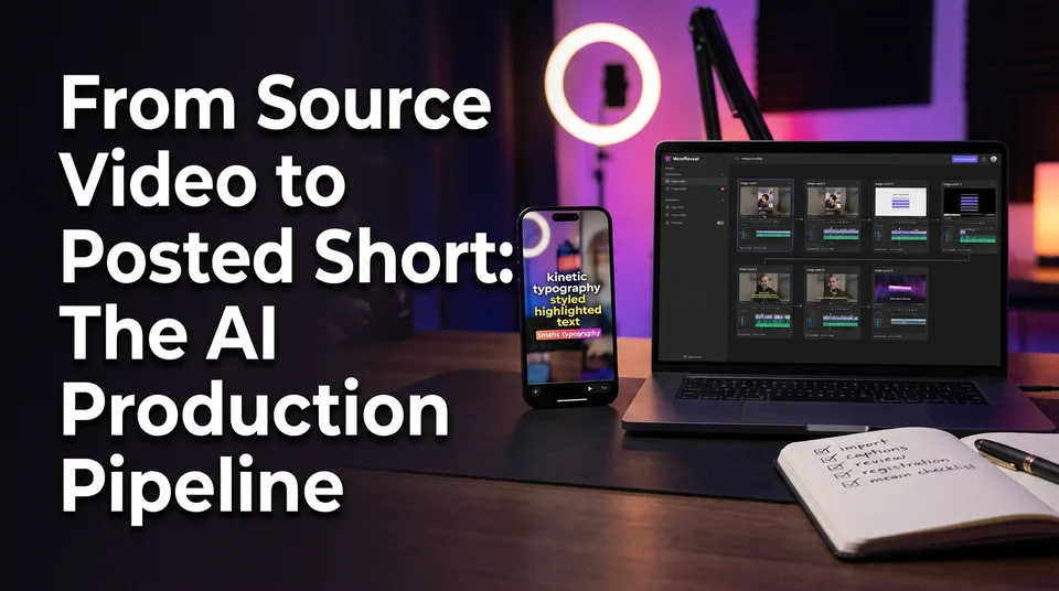 Phone with vertical video beside laptop showing an AI short video production pipeline