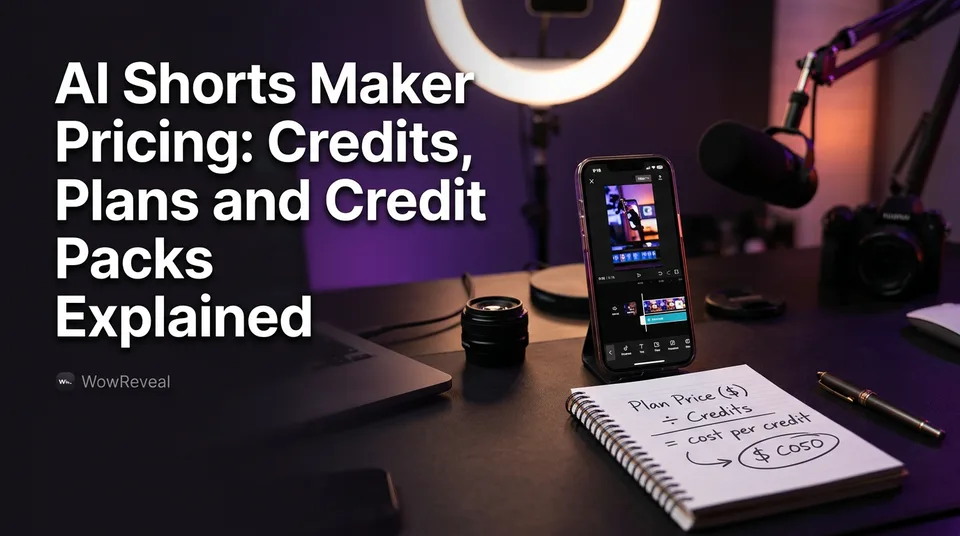 Phone with vertical video editor and notepad calculating AI shorts maker pricing per short