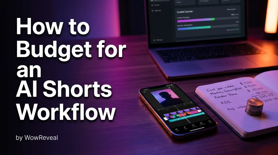Desk with phone, notepad and credits counter used to plan an AI shorts tool budget