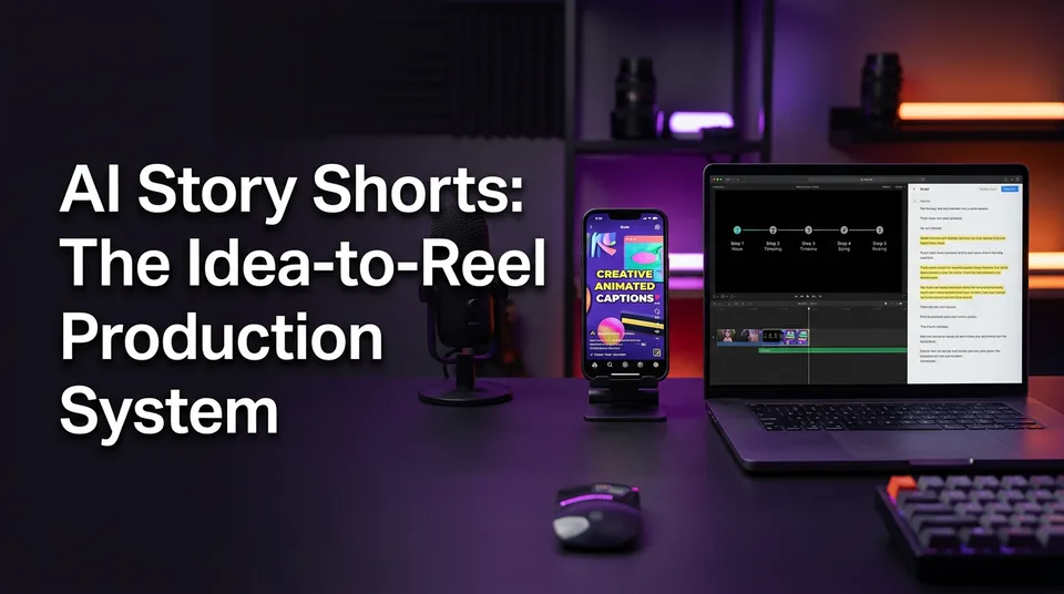 Phone with vertical AI story shorts video beside a script and five-stage workflow