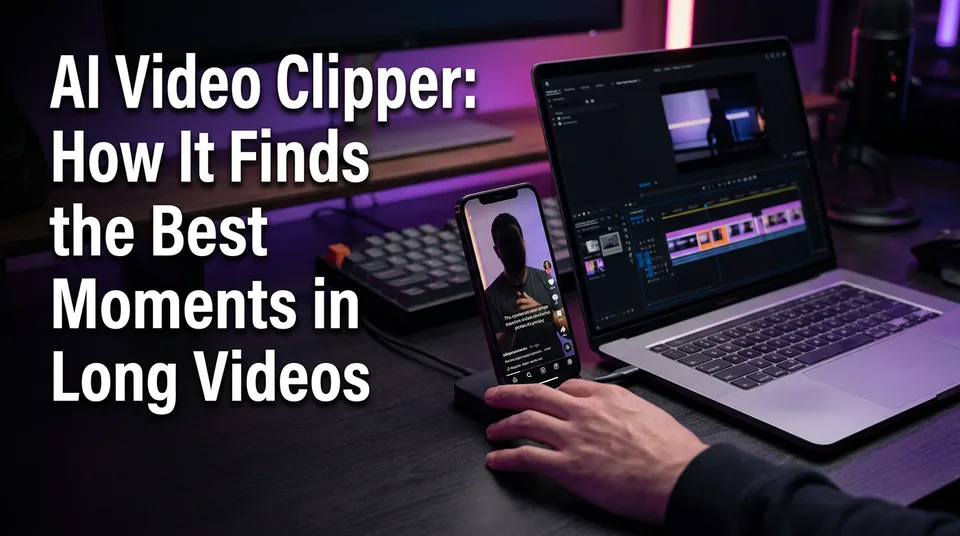 AI video clipper cutting highlighted segments from a long video into vertical clips