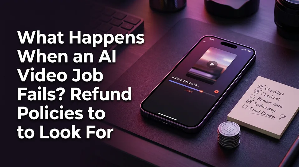 Phone showing a stalled AI video generation failed message beside a refund credits checklist