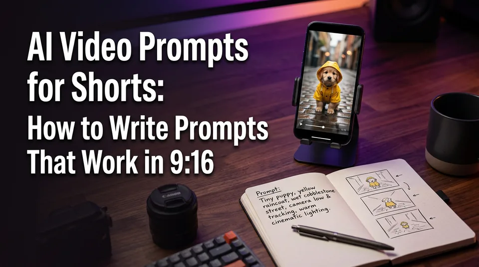 Phone showing a vertical AI-generated clip beside written AI video prompts for Shorts
