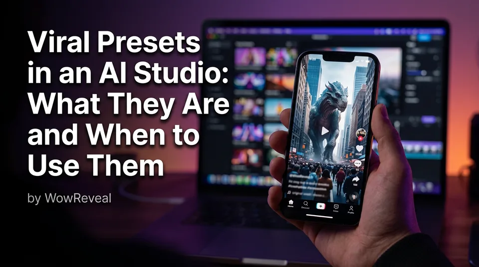 Phone showing a vertical clip made with AI video viral presets beside a preset library