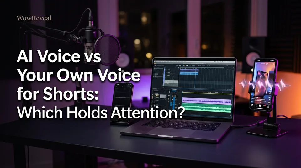 Microphone and phone showing a waveform, comparing AI voice vs human voice shorts