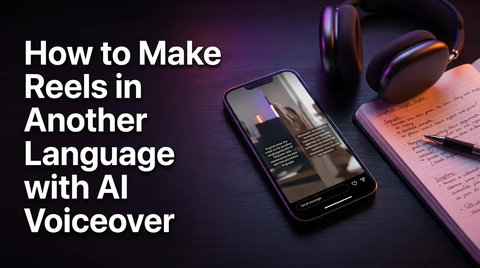 Phone showing a vertical Reel with captions, illustrating AI voiceover in multiple languages for Reels
