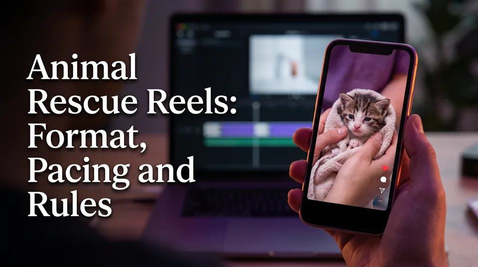Phone showing an animal rescue reels clip beside a beat-by-beat editing timeline