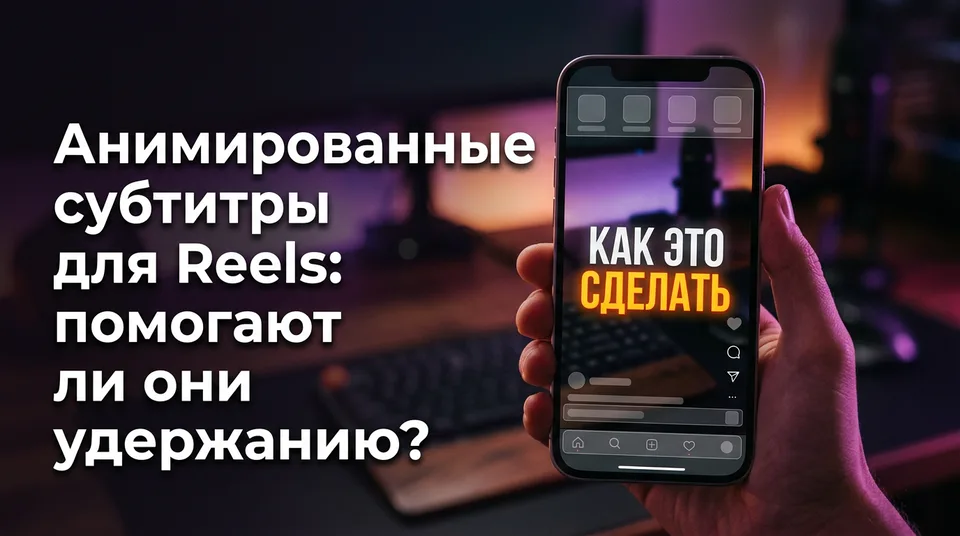 Телефон с анимированными субтитрами для Reels внутри безопасной зоны кадра 9:16