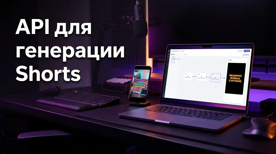Ноутбук с конвейером, который выдаёт вертикальный клип, — иллюстрация API для Shorts