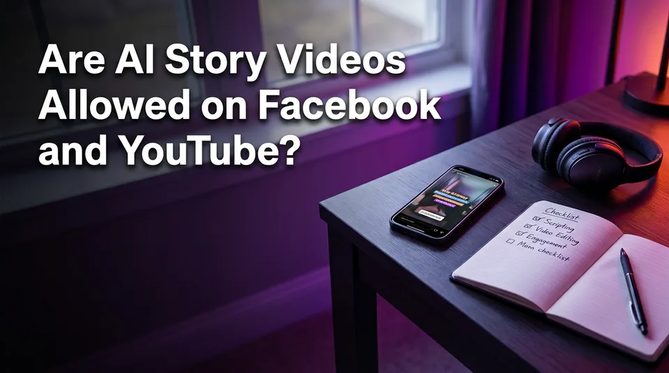 Phone showing a vertical AI story video next to a pre-publish checklist