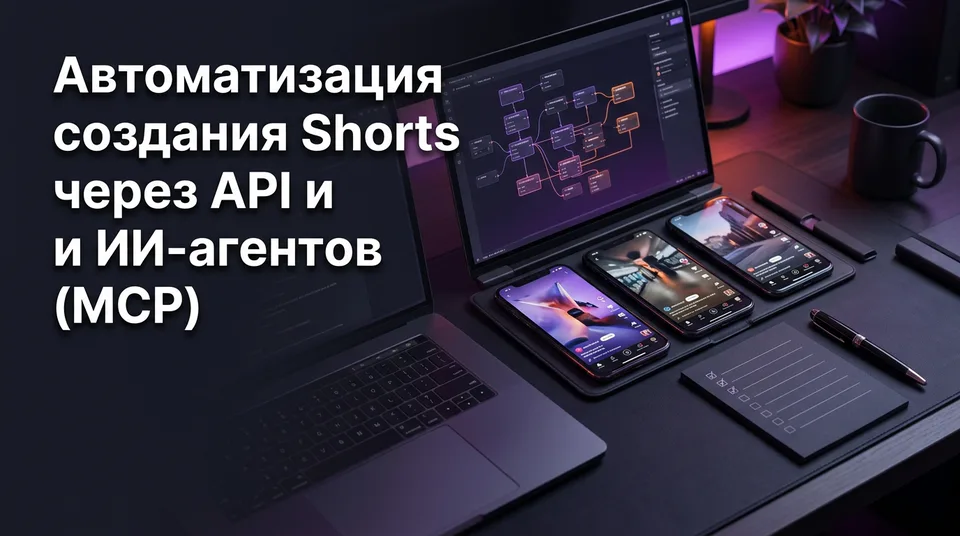 Конвейер автоматизации создания Shorts через API: ноутбук со схемой и три телефона с вертикальными роликами