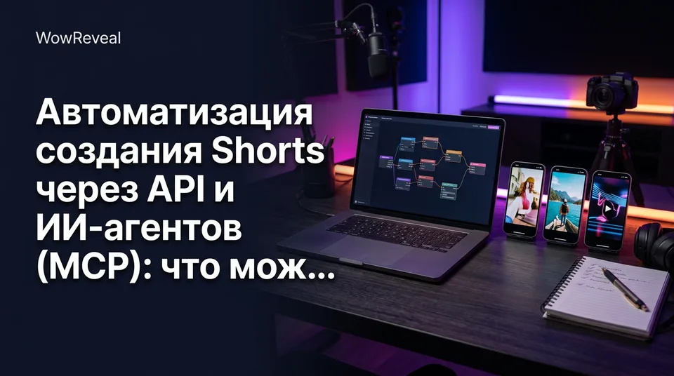 Конвейер автоматизации создания Shorts через API: ноутбук со схемой и три телефона с вертикальными роликами