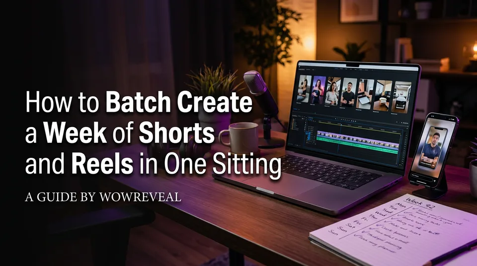 Desk with seven vertical video thumbnails used to batch create Shorts for the week