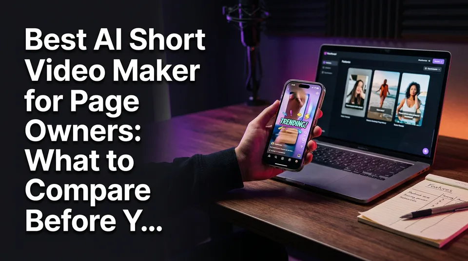 Phone with vertical video beside laptop comparing the best AI short video maker options