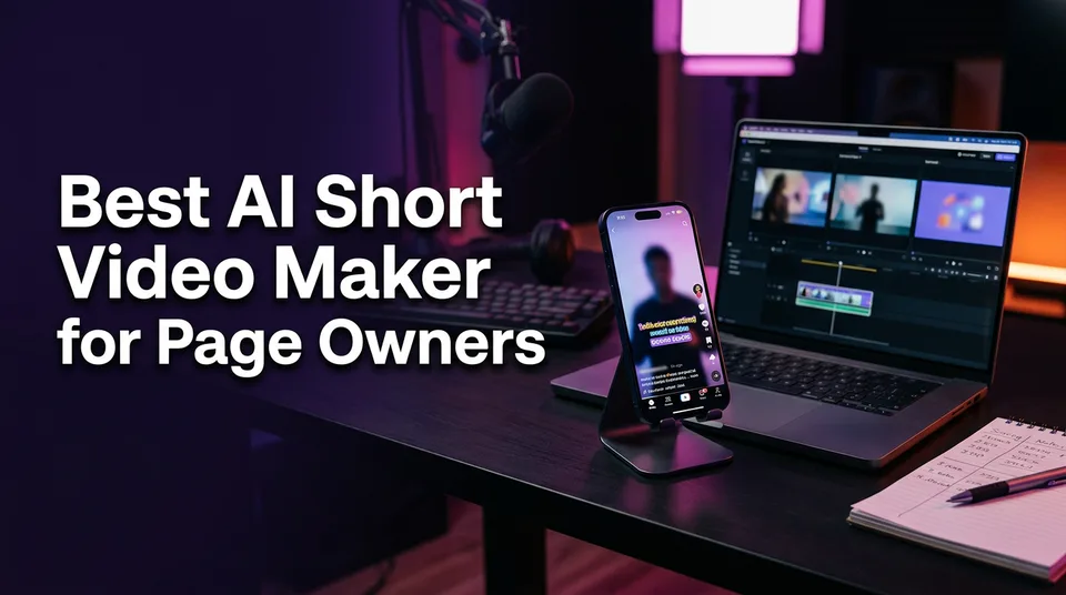 Phone with vertical video beside laptop comparing the best AI short video maker options
