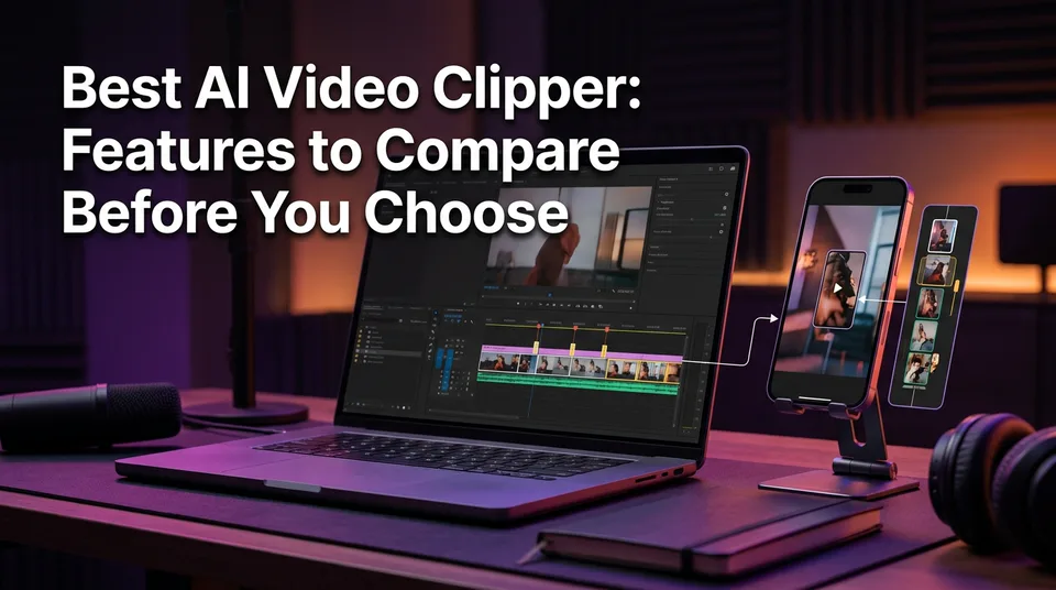 Phone with vertical clip beside a long video cut into segments, best AI video clipper