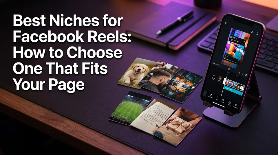 Phone showing vertical video beside six niche cards for choosing the best niches for Facebook Reels