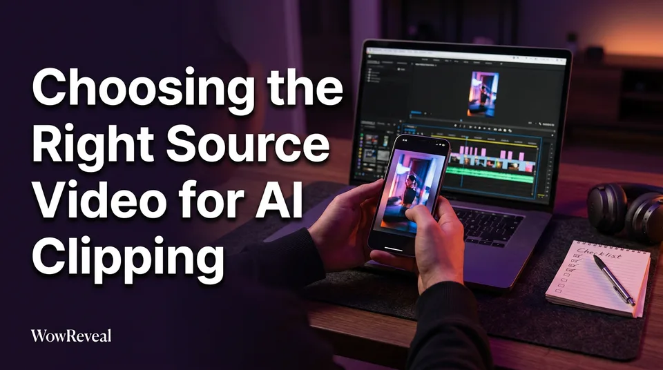Laptop timeline with highlighted moments and a vertical clip preview, choosing the best source video for AI clipping