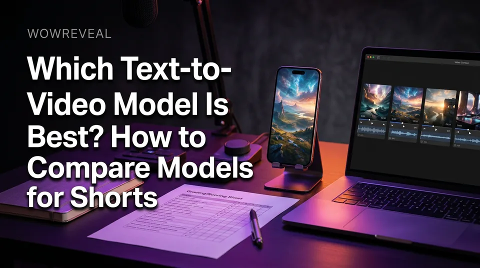 Phone and laptop comparing four clips to find the best text to video model