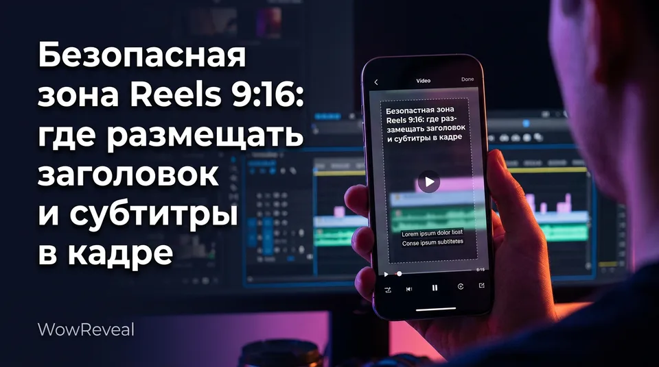 Смартфон с вертикальным кадром и рамкой, показывающей безопасную зону Reels 9:16
