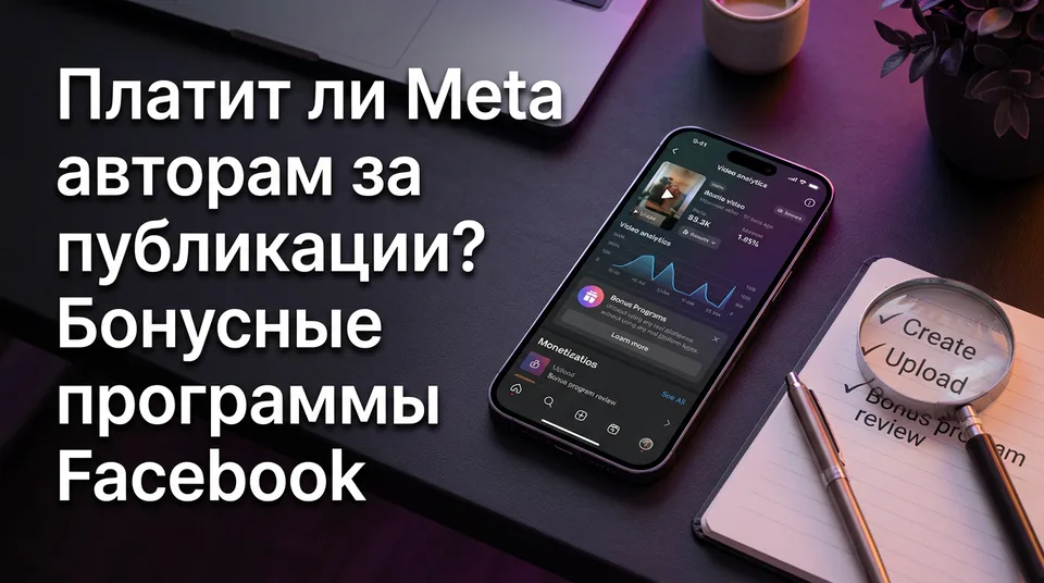 Телефон с уведомлением для автора и чек-листом проверки бонусной программы Facebook