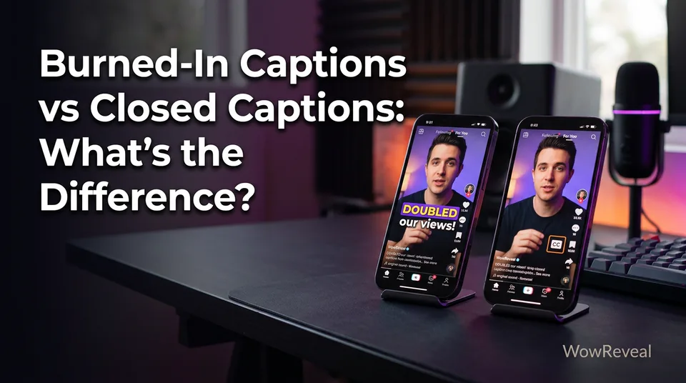 Two phones comparing burned in captions vs closed captions on vertical video