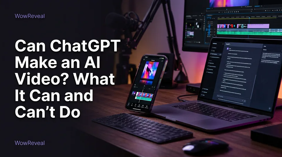 Laptop script chat and phone vertical video showing can ChatGPT make AI video