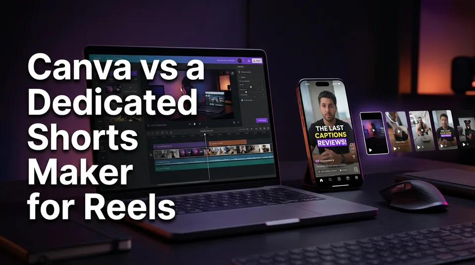 Canva vs AI shorts maker comparison shown as manual timeline beside finished vertical video