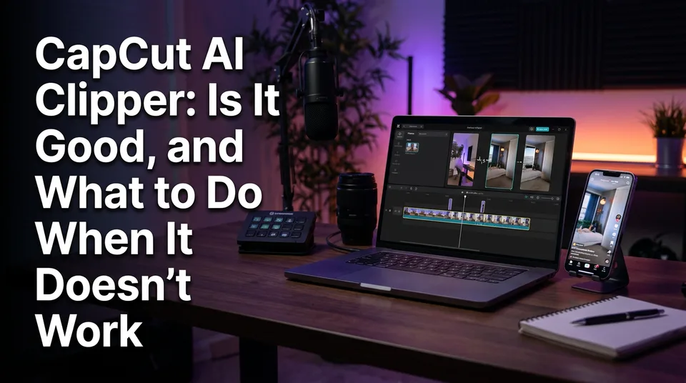 CapCut AI clipper turning a long video into vertical clips on a laptop