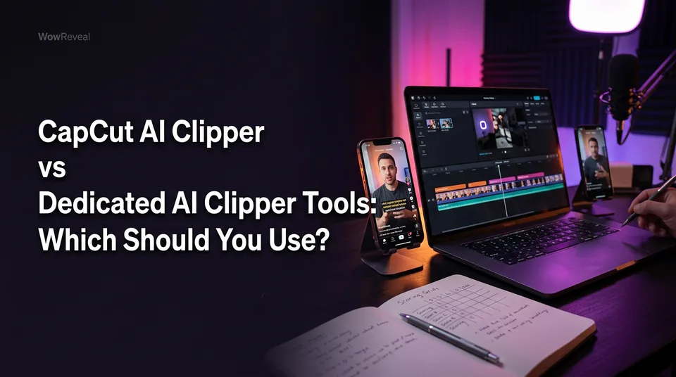 Laptop timeline and phone comparing capcut clipper vs ai clipper tools