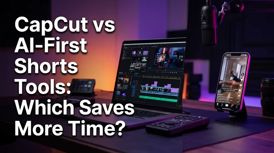 Editing timeline beside a phone with a finished vertical short, comparing CapCut vs AI shorts tool
