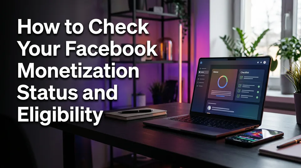 Laptop and phone showing a dashboard to check Facebook monetization eligibility