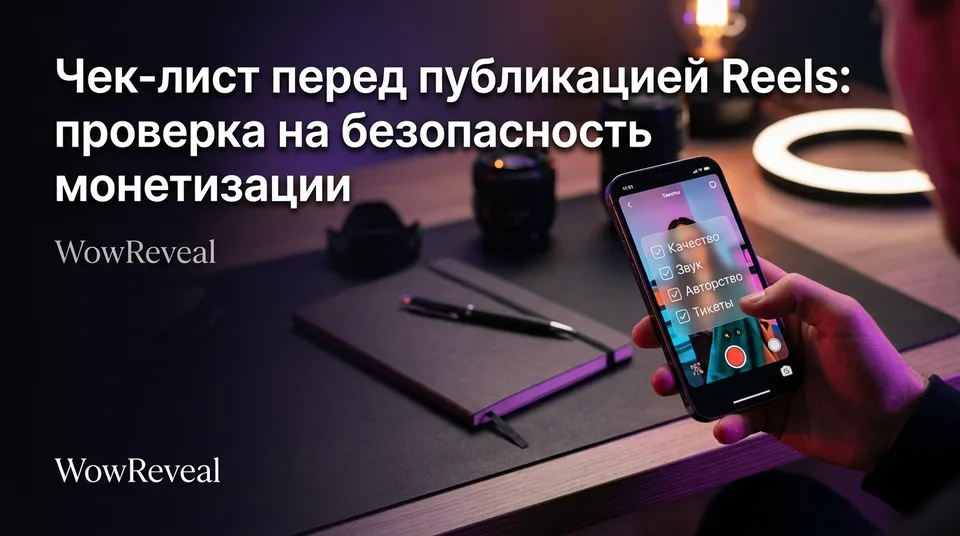 Смартфон с вертикальным видео и чек-лист перед публикацией Reels на столе автора