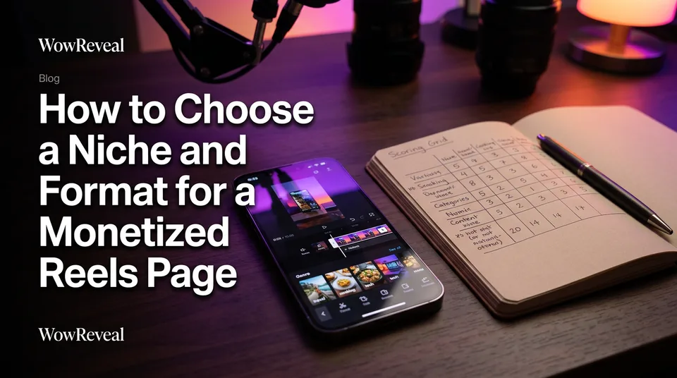 Phone and scoring notepad used to choose niche and format for a Reels page