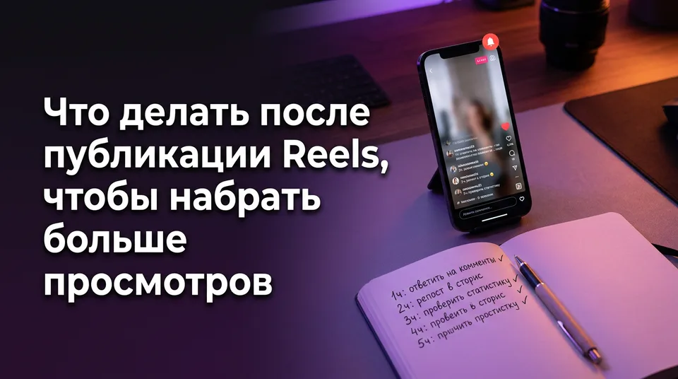 Телефон с открытыми комментариями и чек-лист: что делать после публикации Reels, чтобы ролик набрал просмотры