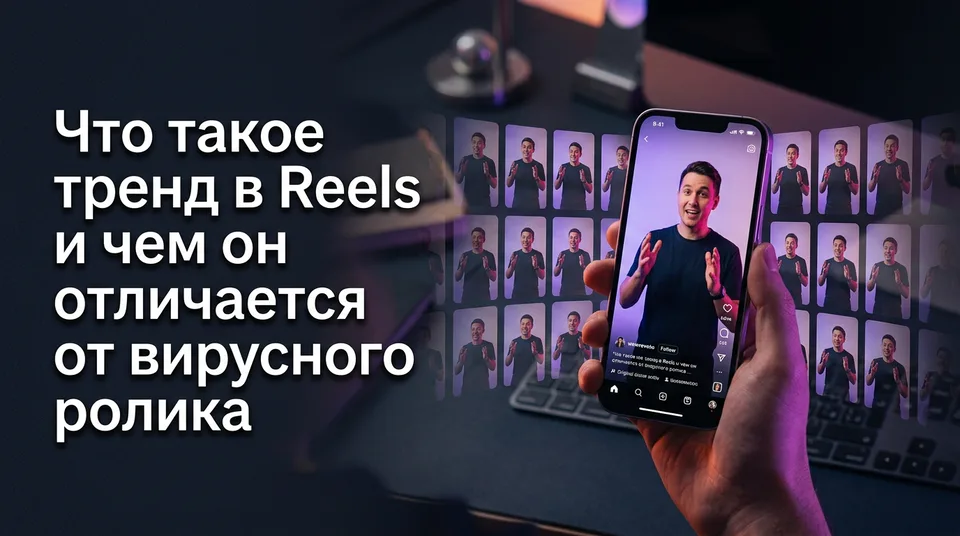 Смартфон с вертикальным видео и сеткой похожих роликов — что такое тренд в Reels