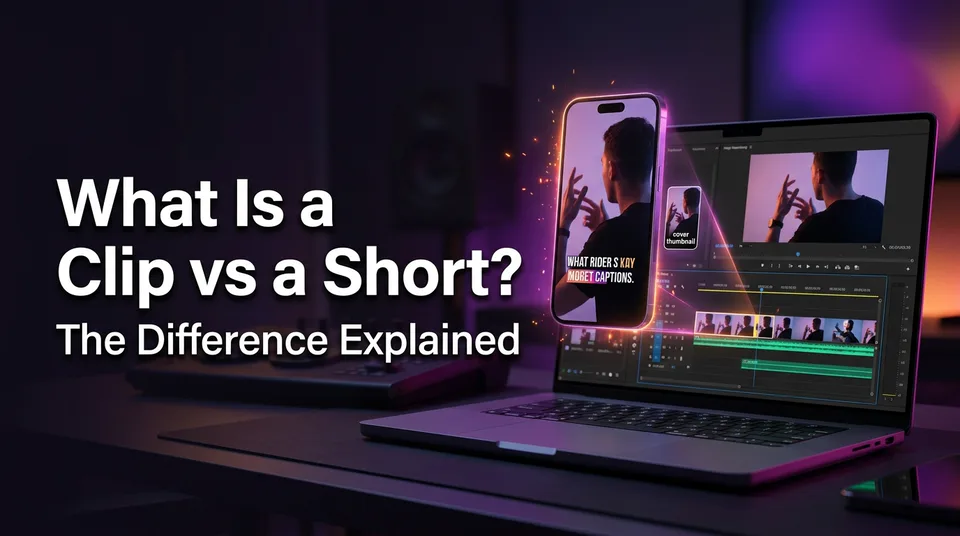 Horizontal video segment becoming a vertical phone video, showing the difference between a clip and a short