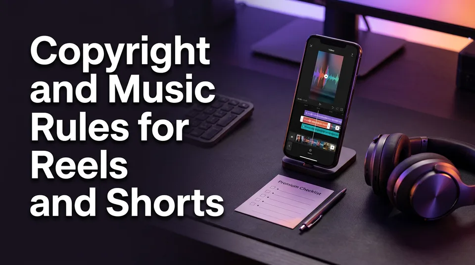 Phone editing a vertical video with an audio waveform, illustrating copyright music reels shorts rules