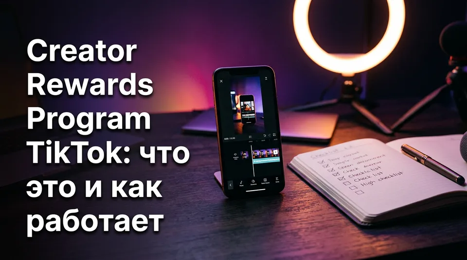 Смартфон с вертикальным видео и чек-листом: Creator Rewards Program TikTok что это