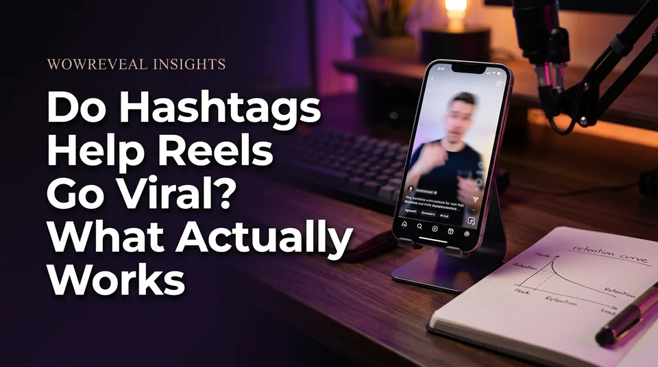 Phone with a vertical Reel and three hashtags, showing whether hashtags help Reels go viral