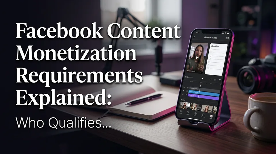 Phone on a desk showing a checklist for Facebook content monetization requirements