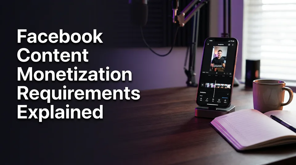 Phone on a desk showing a checklist for Facebook content monetization requirements