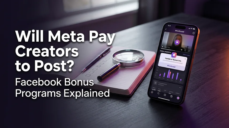 Phone with a creator notification and a verification checklist for the Facebook creator bonus program